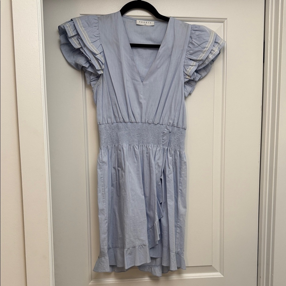 Sandro Blue V-Neck Ruffle Sleeve Mini Dress